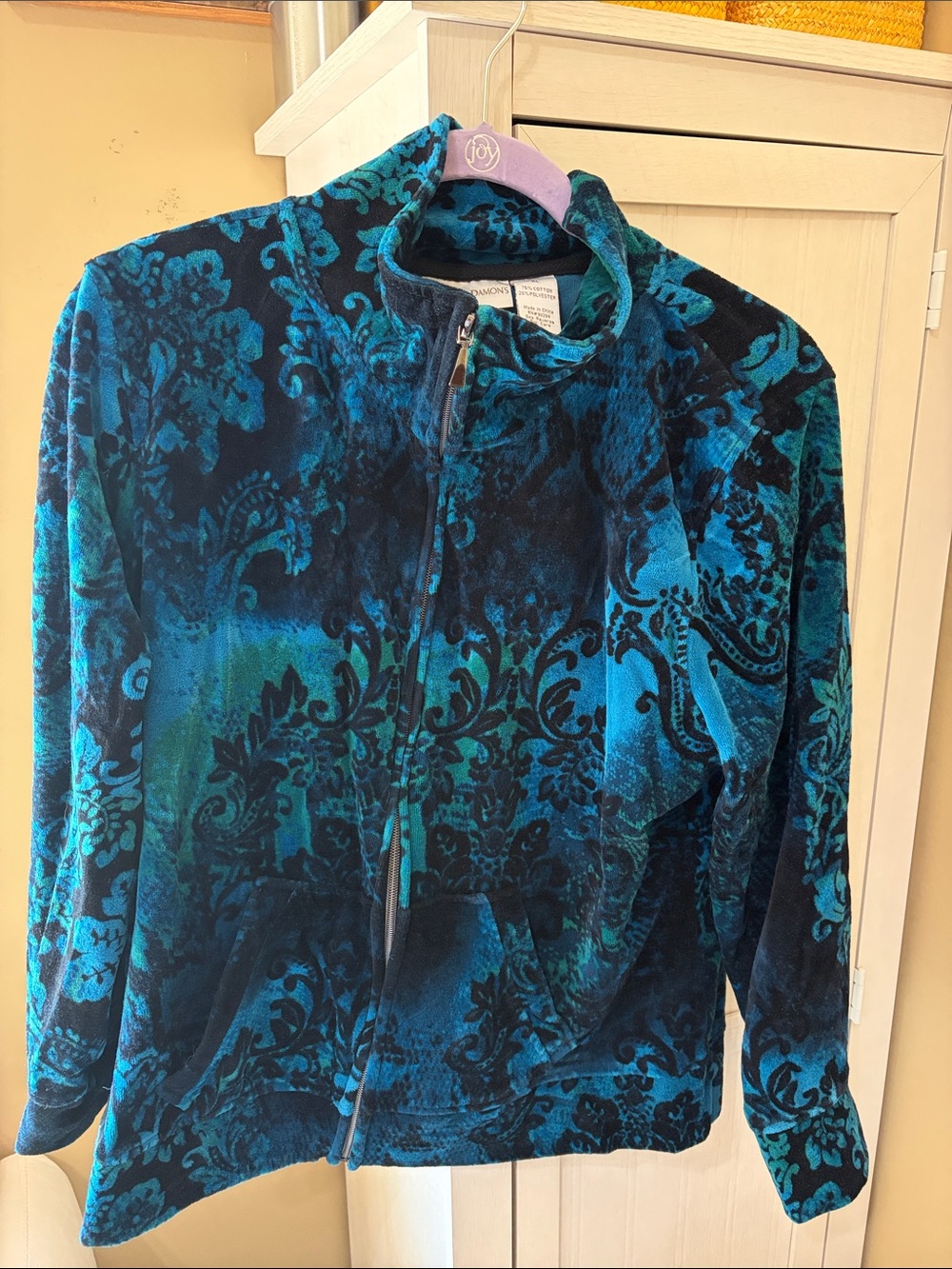 Blue Patterned Velvet Zip-Front Teddy Jacket